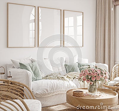 Mockup frame in interior background, room in light pastel colors, Scandi-Boho style Stock Photo