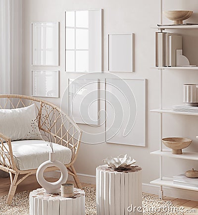 Mockup frame in interior background, room in light pastel colors, Scandi-Boho style Stock Photo