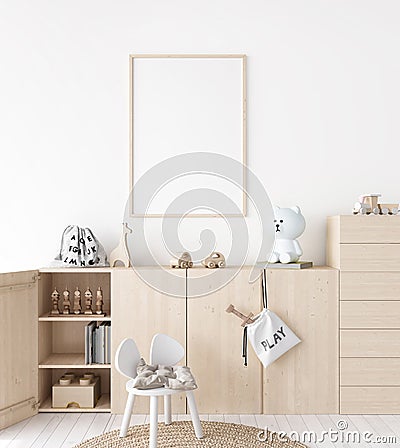 Mockup frame in minimal unisex child bedroom with natural wooden furniture Stock Photo