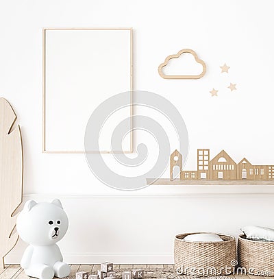Mockup frame in minimal unisex child bedroom with natural wooden furniture Stock Photo