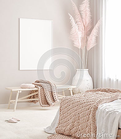 Mockup frame in pastel pink bedroom interior background, Scandi-Boho style Stock Photo