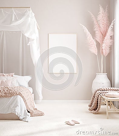 Mockup frame in pastel pink bedroom interior background, Scandi-Boho style Stock Photo