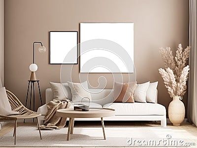 Mockup frame poster Interior design of cozy living room with stylish sofa, coffee table, dired flowers in vase, carpet decoration Stock Photo