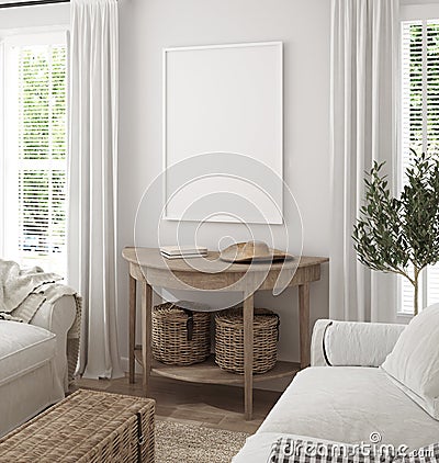 Mockup frame in scandinavian farmhouse living room interior Stock Photo
