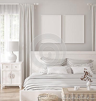 Mockup frame in white cozy bedroom interior background Stock Photo