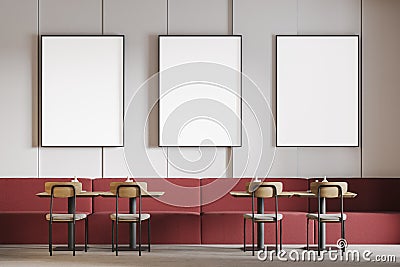 Mockup frames in cafe with red sofa and wooden table with chairs Stock Photo