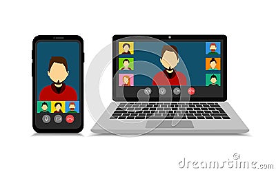Mockup group video calls on a smartphone and laptop in cartoon style. Video conference. Online meetings. Quarantine Vector Illustration