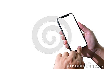 Mockup hands holding mobile phone with blank screen Stock Photo