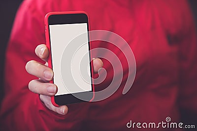 Mockup hands red color phone mock up screen holding display blank white Stock Photo