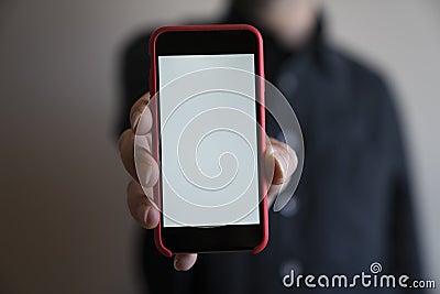 Mockup hands red color phone mock up screen holding display blank white Stock Photo