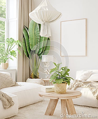 Mockup in interior background, room in light pastel colors, Scandi-Boho style Stock Photo