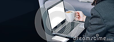 Mockup laptop screen with businesswoman holding coffee cup,Digital Business disruption or marketing trending.digital Stock Photo