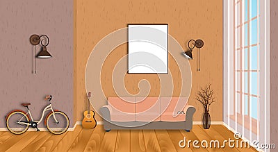 Mockup living room interior with empty frame, bicycle, guitar, wood flooring and window. Loft design concept. Vector Illustration