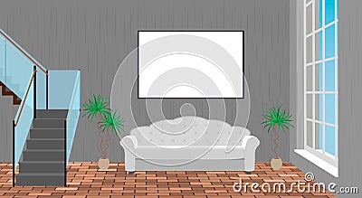 Mockup living room interior with empty frame, sofa, brick floor and second floor stairway. Vector Illustration