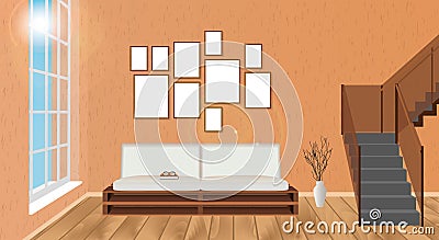 Mockup living room interior with empty frames, sofa, parquet flooring, second floor stairway and sun glowing. Vector Illustration