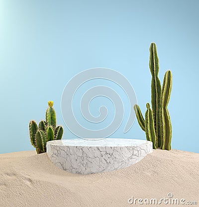 Mockup Minimal Display Podium On Sand, Cactus Desert, 3D Render Background Stock Photo