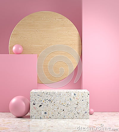 Mockup Minimal Podium Soft Pink Geometric Composition Scene With Wood Abstract Background 3d Render Stock Photo