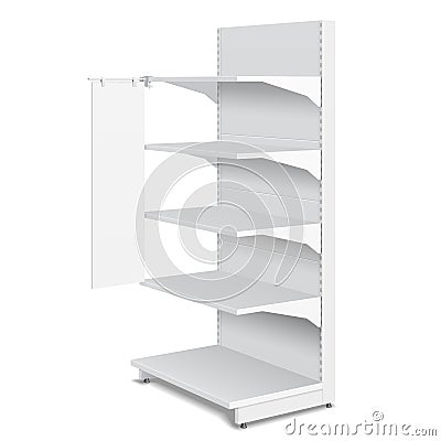 Mockup, Mock Up White Blank Empty Shelf Stopper Banner Showcase Displays With Retail Shelves Products 3D On Isolated. Vector Illustration