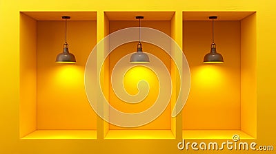 This mockup is a modern realistic illustration of a yellow rectangular niche with lamp lights. This mockup is suitable Cartoon Illustration