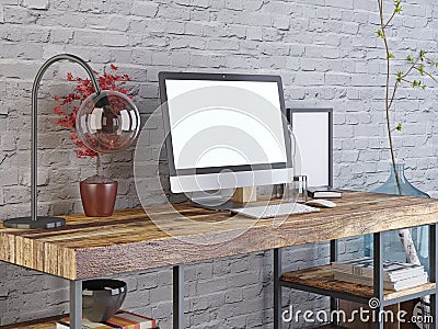 Mockup monitor on a wooden desk shipster style. Stock Photo