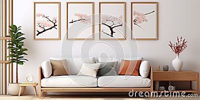Mockup multi - frame photo collage in a cozy corner in an japanese style living room Stock Photo