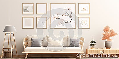 Mockup multi - frame photo collage in a cozy corner in an japanese style living room Stock Photo