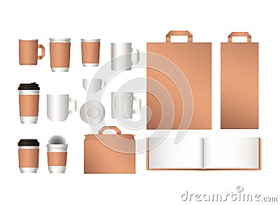 Mockup notebook bags and coffee mugs vector design Vector Illustration