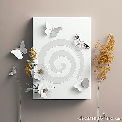 Mockup poster photo frame, butterflies and flowers AI Generaion Stock Photo