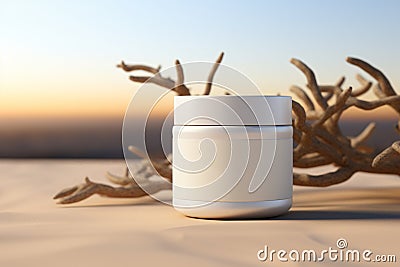 Mockup ,photo of a glass jar for cosmetics in natural location against background of a sandy desert Stock Photo