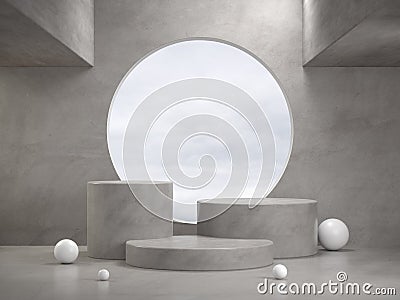 Mockup Polished Concrete Podium Set With Circle Window Abstract Background 3d Render Stock Photo