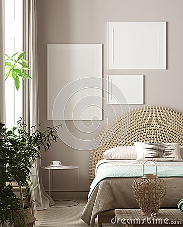 Mockup poster in bedroom, Scandinavian style Stock Photo