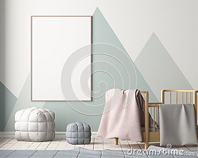 Mockup poster in the children`s room in pastel colors. Scandinavian style. 3d illustration. Stock Photo