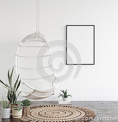 Mockup poster in cozy white living room interior background Stock Photo