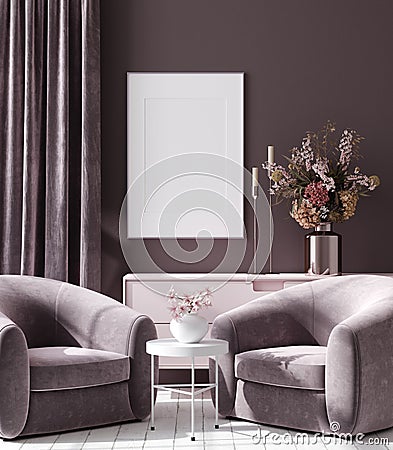 Mockup poster in dark violet monochrome modern living room interior background Stock Photo