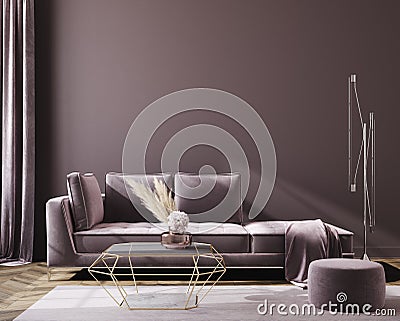 Mockup poster in dark violet monochrome modern living room interior background Stock Photo