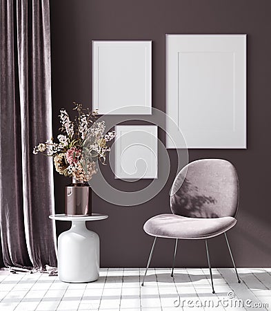Mockup poster in dark violet monochrome modern living room interior background Stock Photo