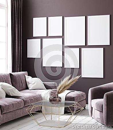 Mockup poster in dark violet monochrome modern living room interior background Stock Photo