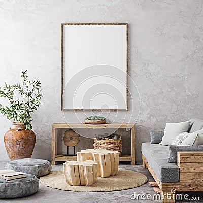 Mockup poster in ethnic style living room interior Stock Photo