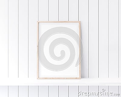 Mockup poster frame close up in coastal style interior on white shelf. Stock Photo