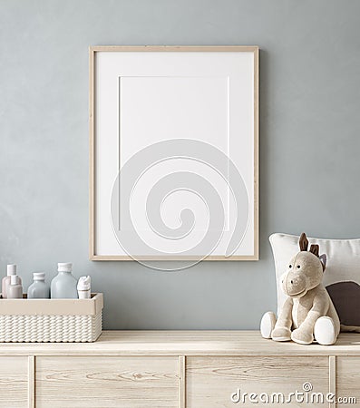 Mockup poster frame close up in nursery Stock Photo