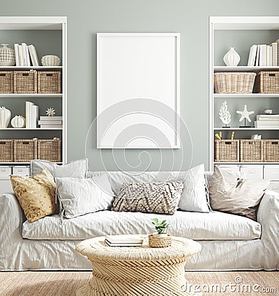 Mockup poster frame in cozy home interior background Stock Photo