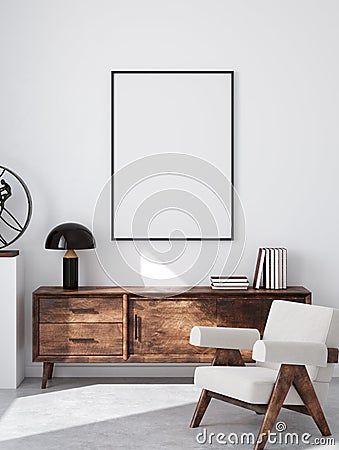 Mockup poster frame in minimalist modern interior background Stock Photo