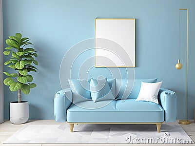 Mockup Poster Frame in Modern Soft Blue Living Room Interior Stock Photo