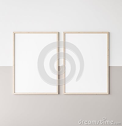 Mockup poster frame, two vertical wooden frames on beige and white wall Stock Photo