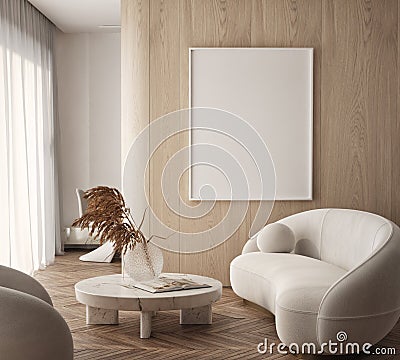 Mockup poster frame on the wall of living room. 3D render, 3D illustration. Cartoon Illustration