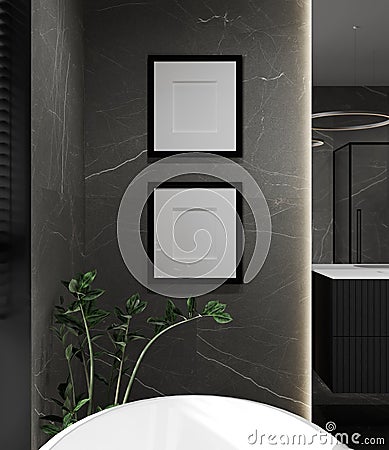 Mockup poster frames in dark stylish bathroom with bathtub and gray marble tile, 3d rendering Stock Photo