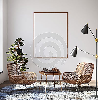 Mockup poster in hipster living room interior Stock Photo