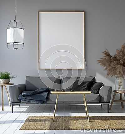 Mockup poster in hipster living room interior, Scandinavian style Stock Photo