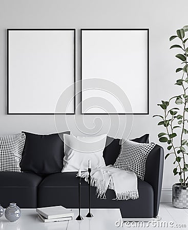 Mockup poster in living room interior, Scandinavian style Stock Photo