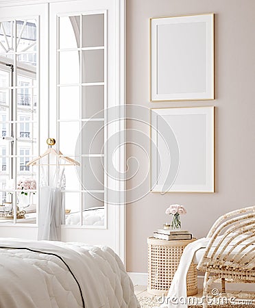 Mockup poster in luxury feminine bedroom Stock Photo